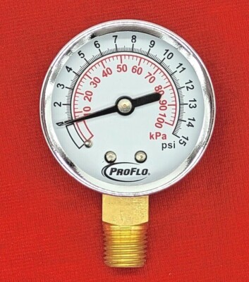 0-15 PSI Utility Air Gauge ProFlo PFPG15K1 2'' Face 1/4'' NPT Lower Mount Gage