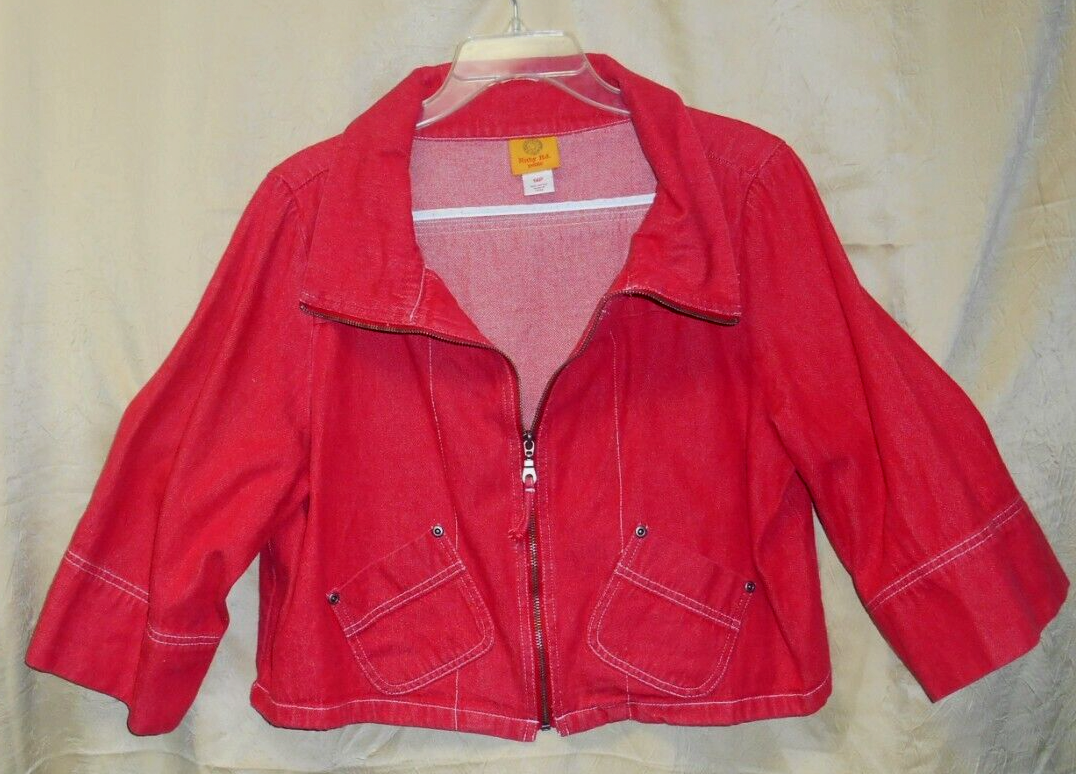 RUBY RD. Red 100% COTTON Denim Crop bolero JACKET sz 14P zip front