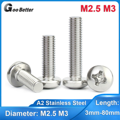 M2.5 M3 Phillips Pan Head Machine Screws Round Bolts A2 Stainless Steel DIN 7985
