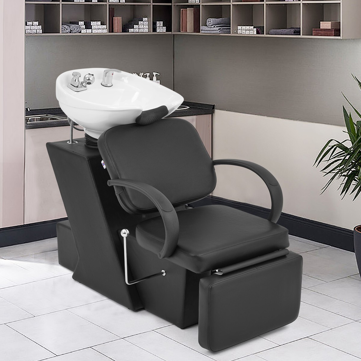 Black Backwash Salon Shampoo Chair with White Ceramic Bowl Sink
