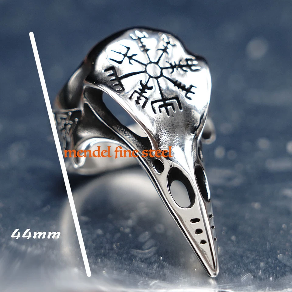 MENDEL Mens Nordic Viking Raven Skull Vegvisir Ring Stainless Steel Size 7 8-15 - Image 3 of 4