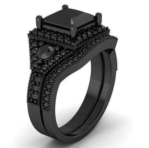 4Ct Princess Lab-Created Diamond Bridal Wedding Ring Set 14K Black