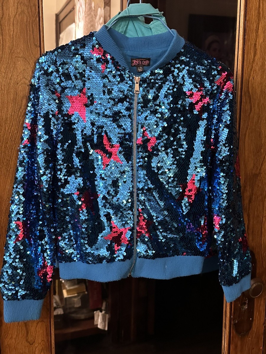 JoJo's Closet Flip Sequin Bomber Jacket Blue With Pink Stars (M) 7