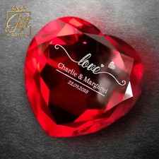 Personalized Customized Engraved Paperweight Heart Shape Red Ruby Crystal
