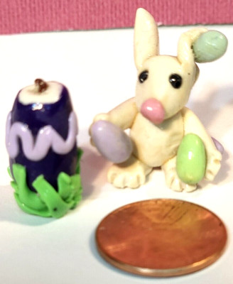 2 pc. Clay Holiday Easter Bunny, 4 Colored Eggs & Candle (Custom Miniatures)