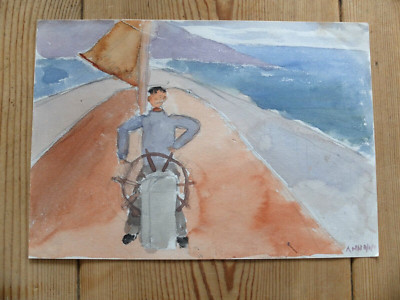 Naives Aquarell Gemälde eines Mannes, der auf einem Schiff segelt von A.H.Head 1937