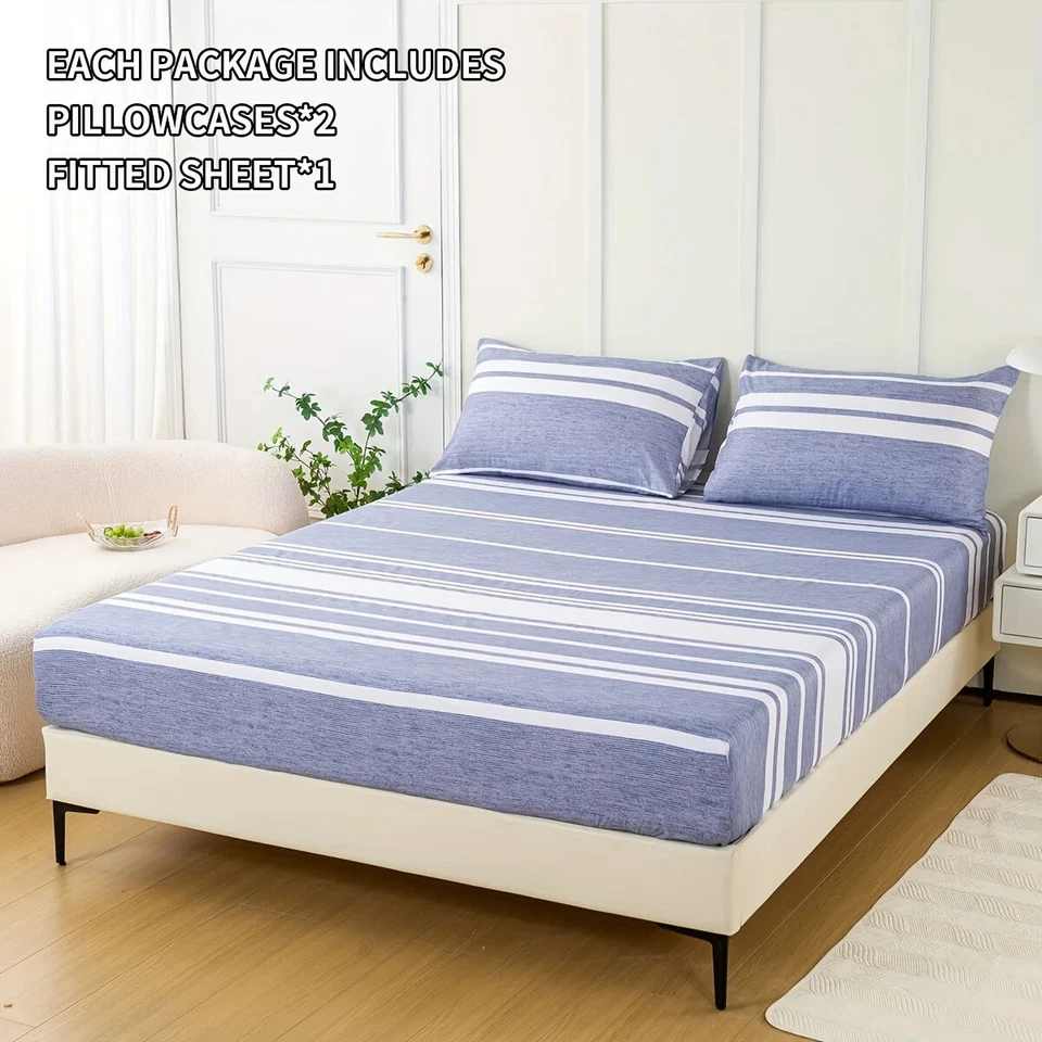 3 件套条纹贴合床单套装 - 包括 1 张床笠和 2 枕套 — 第 4/4 张图片