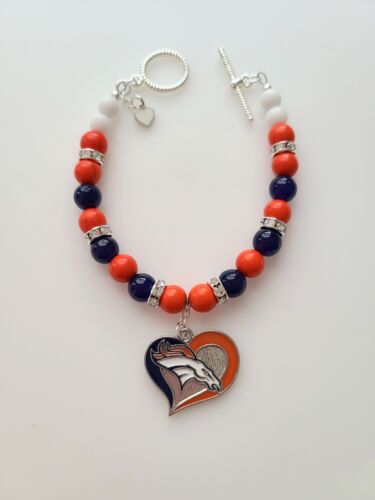 Bracciale calcio Denver Broncos arancione e blu pietre preziose strass chiusura argento - Foto 2 di 11