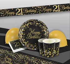 Black & Gold 21st Birthday Party Tableware Decorations Plates Cups Napkins Set