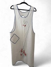Vintage Hand Embroidered Floral Apron Blue Trim Cotton Pinafore Cottagecore