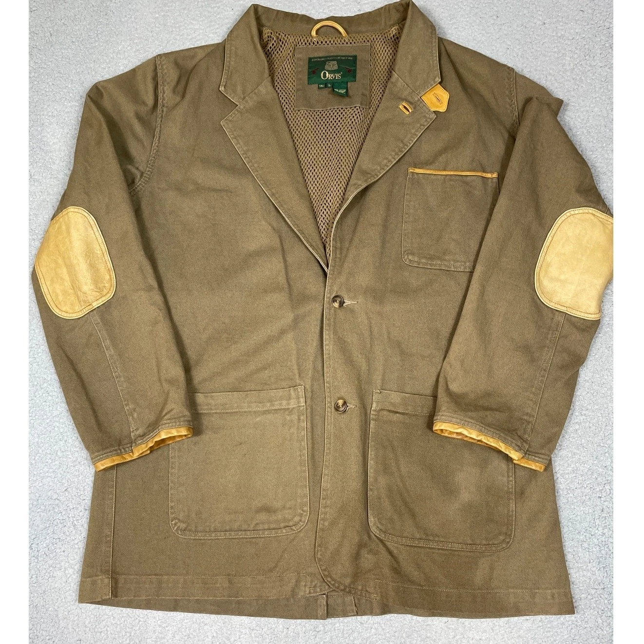 Vintage Orvis Mens Size L Tall Multipocket Fishing Khaki Mesh Button Jacket