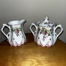 Antique RS Prussia Porcelain Creamer & Sugar Bowl Pink Roses Circa 1870