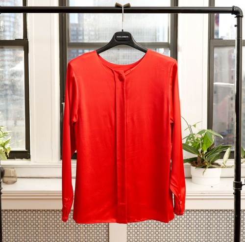 Yves Saint Laurent Rive Gauche, YSL Yves Saint Laurent Rive Gauche Vintage Red Satin Blouse F/W 1988 (FR 44)