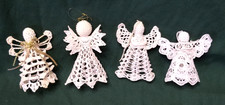 4 VTG Hand Crochet Starched Lace Hanging White Christmas Angel Ornaments 4"