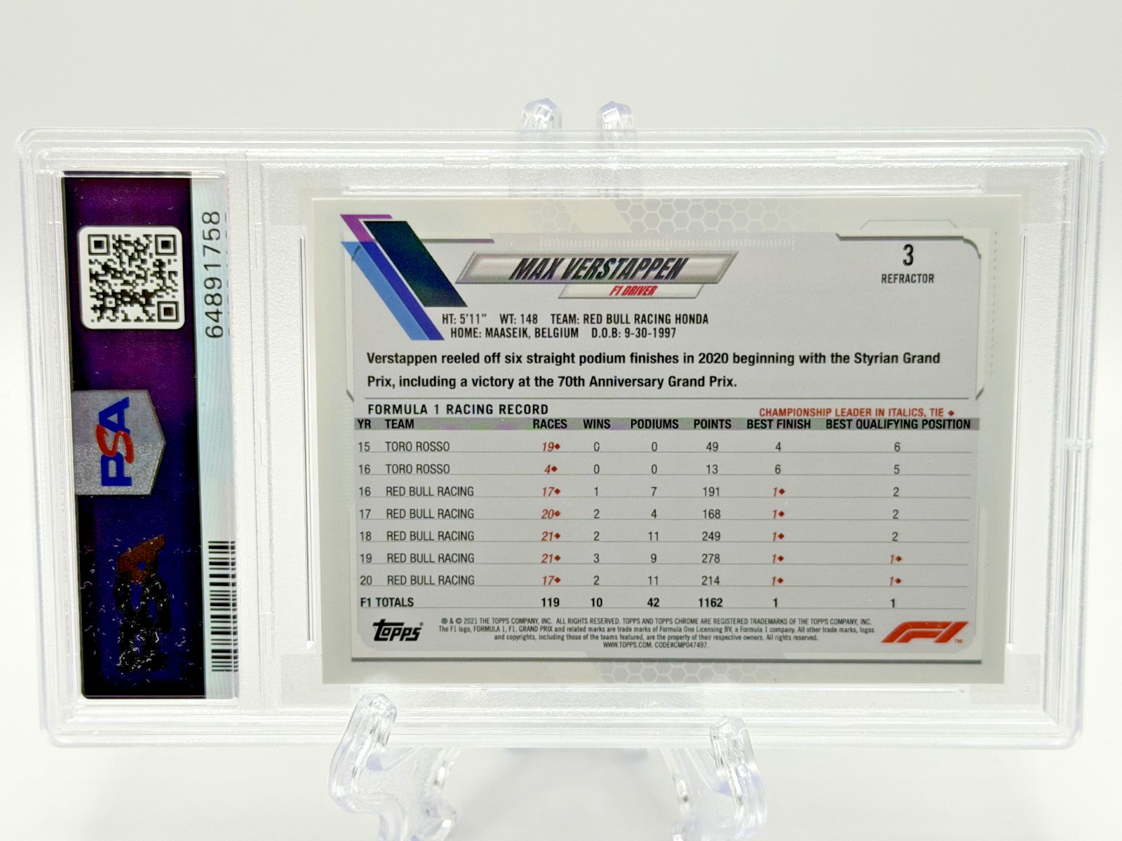 2021 Topps Chrome F1 #3 Max Verstappen Refractor Portrait Red Bull PSA 10 Gem! view 2