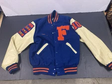 Vtg Holloway Varsity Jacket Men (L )Wool Leather Orange/Blue - Florida Baseball?