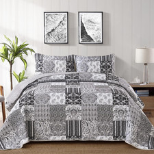 Grey Quilt Set King Size, Patchwork Plaid Bedspread Bedding Sets Soft Microfiber