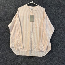 NWT EVERLANE Striped Band Collar Linen Blend Button Down Peach White Size 12