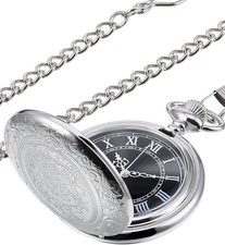 Men'S Quartz Pocket Watch with Black Dial and Chain