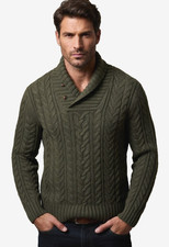 Polo Ralph Lauren Green Merino Wool Shawl Collar Aran Cable Knit Sweater Sz XL