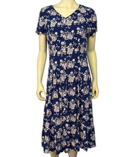 Vtg 90s Coldwater Creek Tea Length Dress Sz 8 Blue Floral Rayon Cottage Romantic