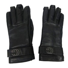 Gucci Leather Gloves Cashmere Lined GG Hardware Black Size 7 Women's