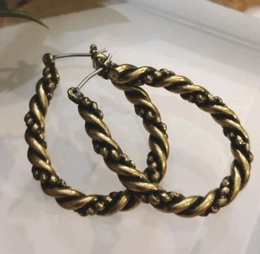 PREMIER DESIGNS Twisted Oval Hoop Earrings Bronze/Black Rope Gold Tone, 1 3/8"! - Image 3 of 4