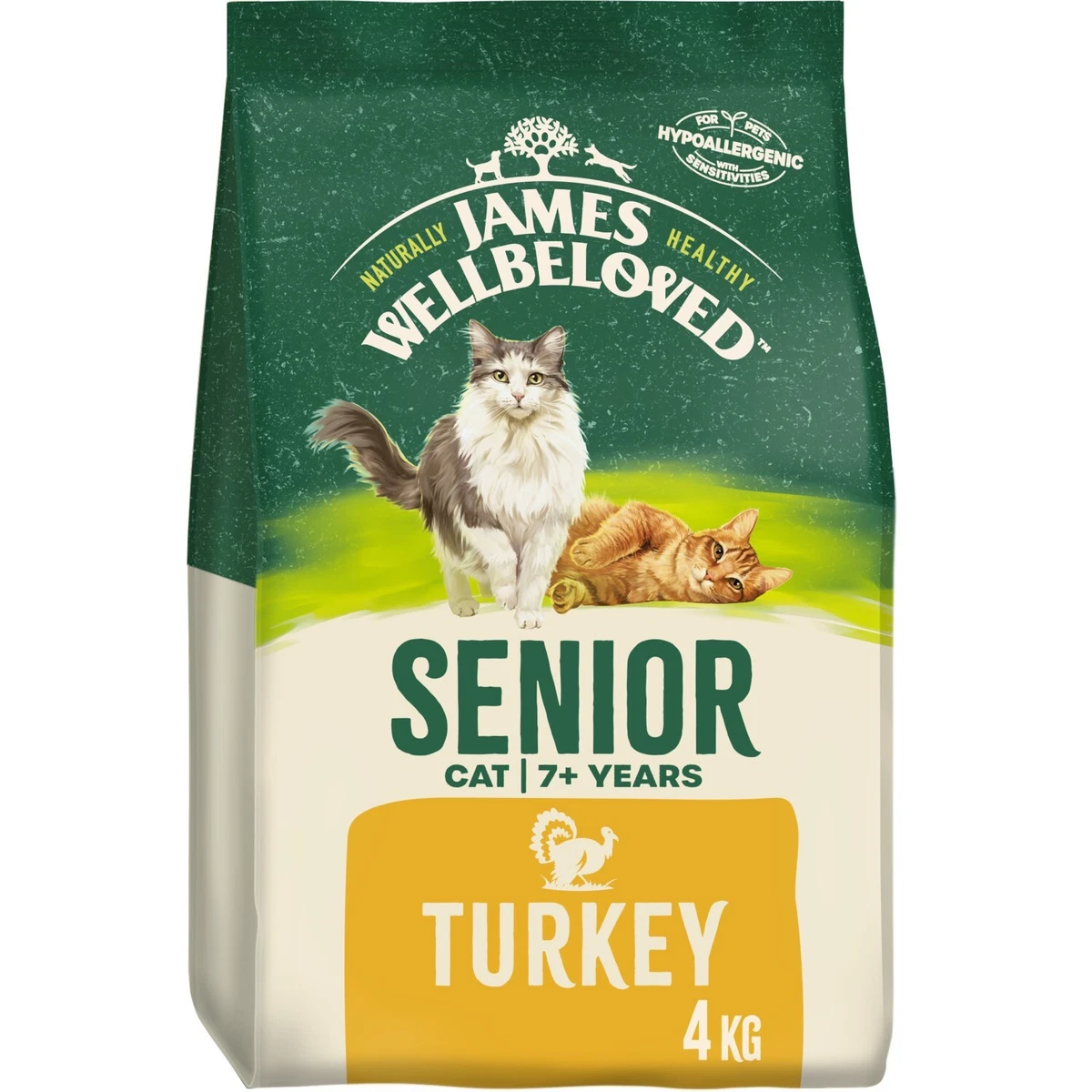 4kg James Wellbeloved Natural Senior Complete Dry Cat Food Biscuits Turkey Rice