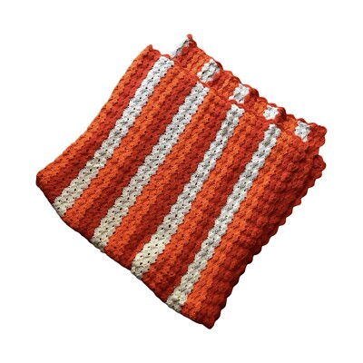 1970s Vintage Orange & White Crochet Afghan   Blanket Throw 66 X64 