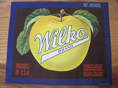 Blue & Black Wilko Yellow Apples Fruit Label--Wilbur-Ellis Company Vintage