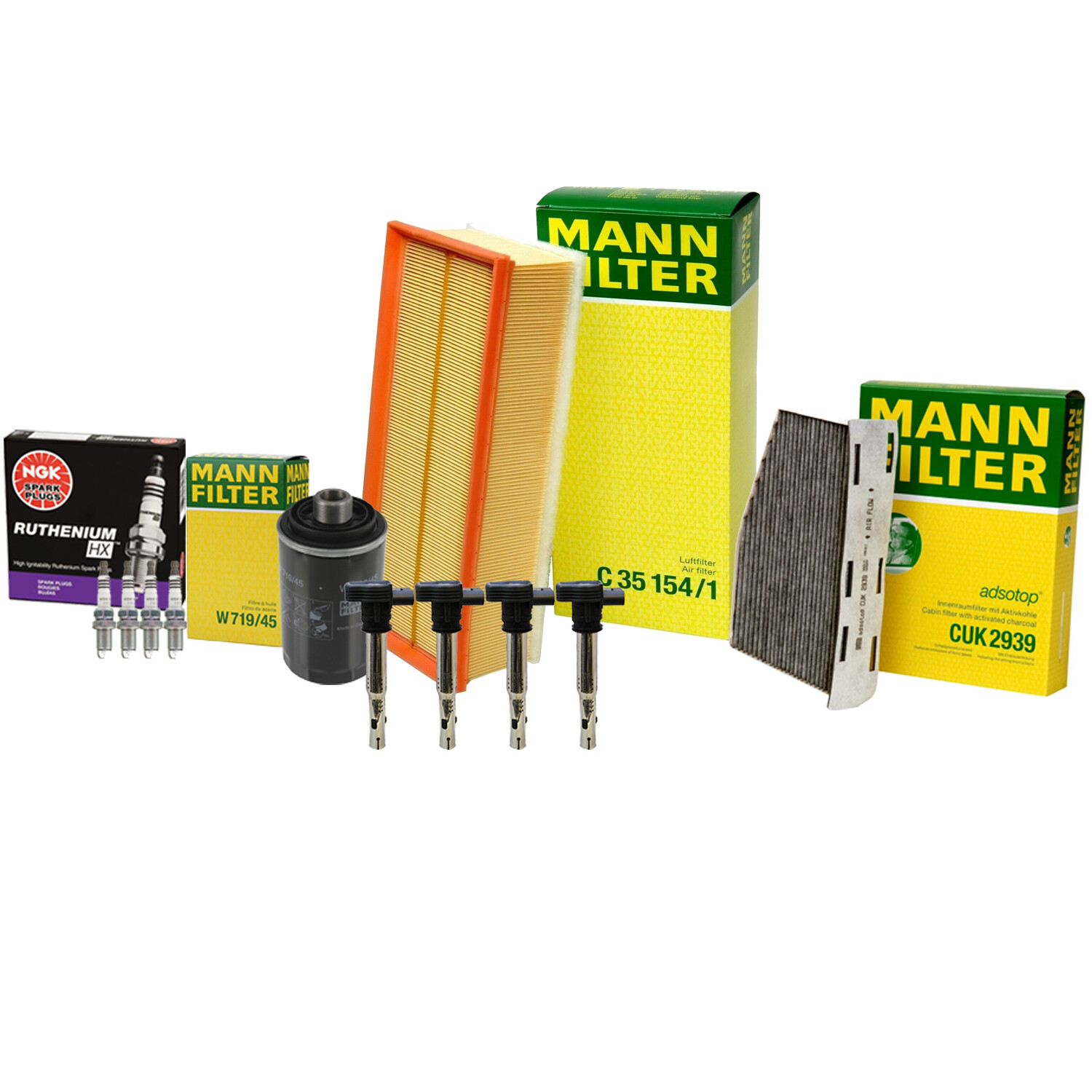 Mann Filters Denso 4 Coils NGK 4 Ruthenium HX Spark Plugs TuneUp Kit For Audi VW