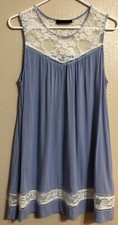 Blue Shift Dress L Sheer Lace Neck Yoke Womens Flowy sleeveless Bear Dance