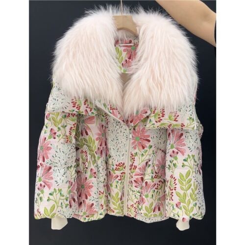 Big Fur Collar Thickened Goose Down Jacket Floral Printed Women Short Coat Parka