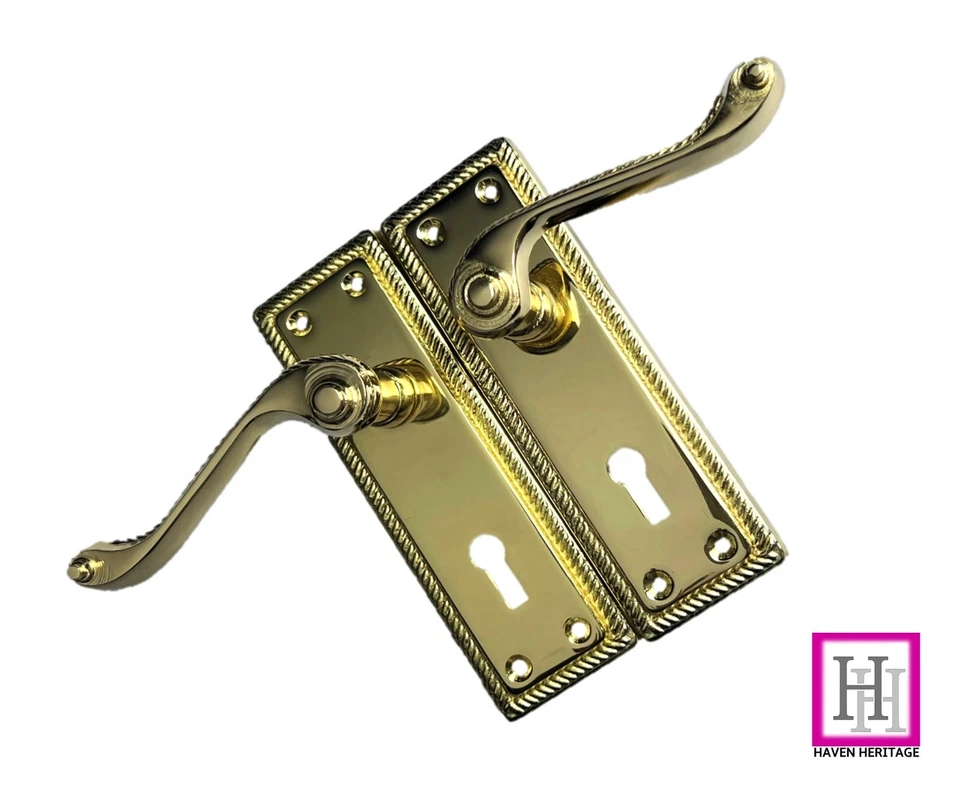 DOOR HANDLES CLASSIC BRASS GEORGIAN ROPE EDGE SCROLL LEVER MORTICE LATCH LOCK - Image 2 of 4