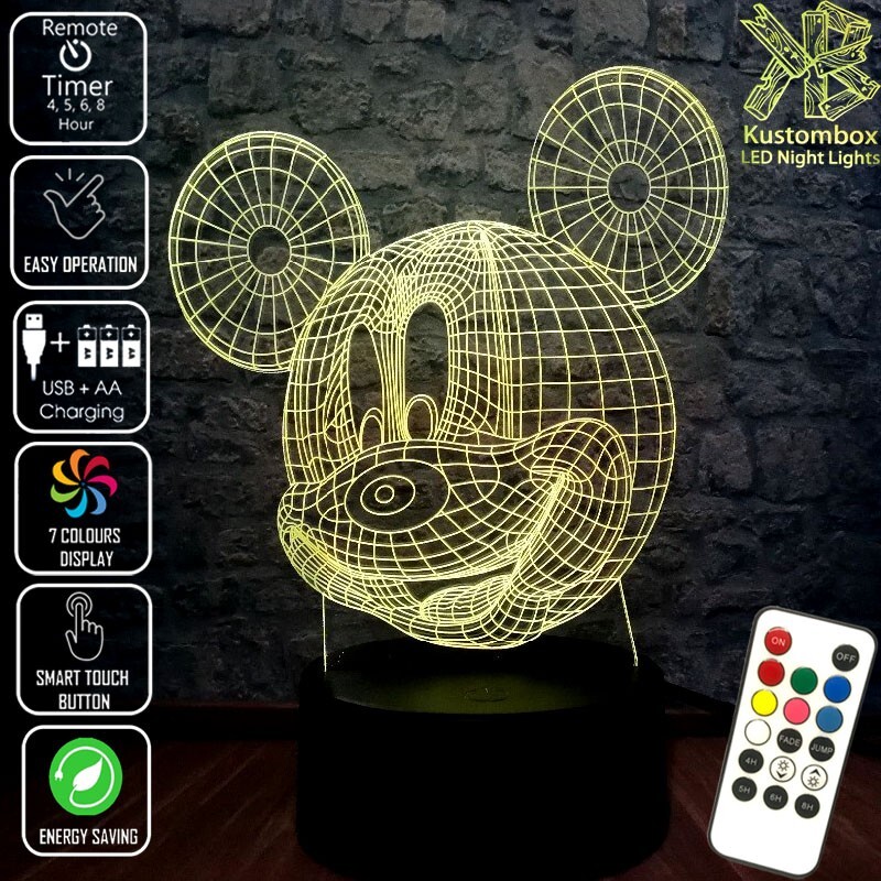 MICKEY MOUSE WIRE FRAME3D LED Battery USB Night Light 7 Colour