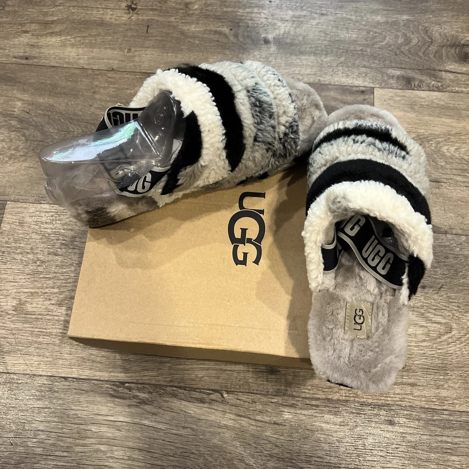 Sandalias UGG Fluff Yeah Cali Collage Slides Piel de Oveja Color Negro Gris Talla 8 EE. UU. Foto 2 de 4