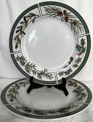 Fairfield Wintergreen Dinner Plates 10 1/2 W Set Of 2 Pine Cones Holly Juniper