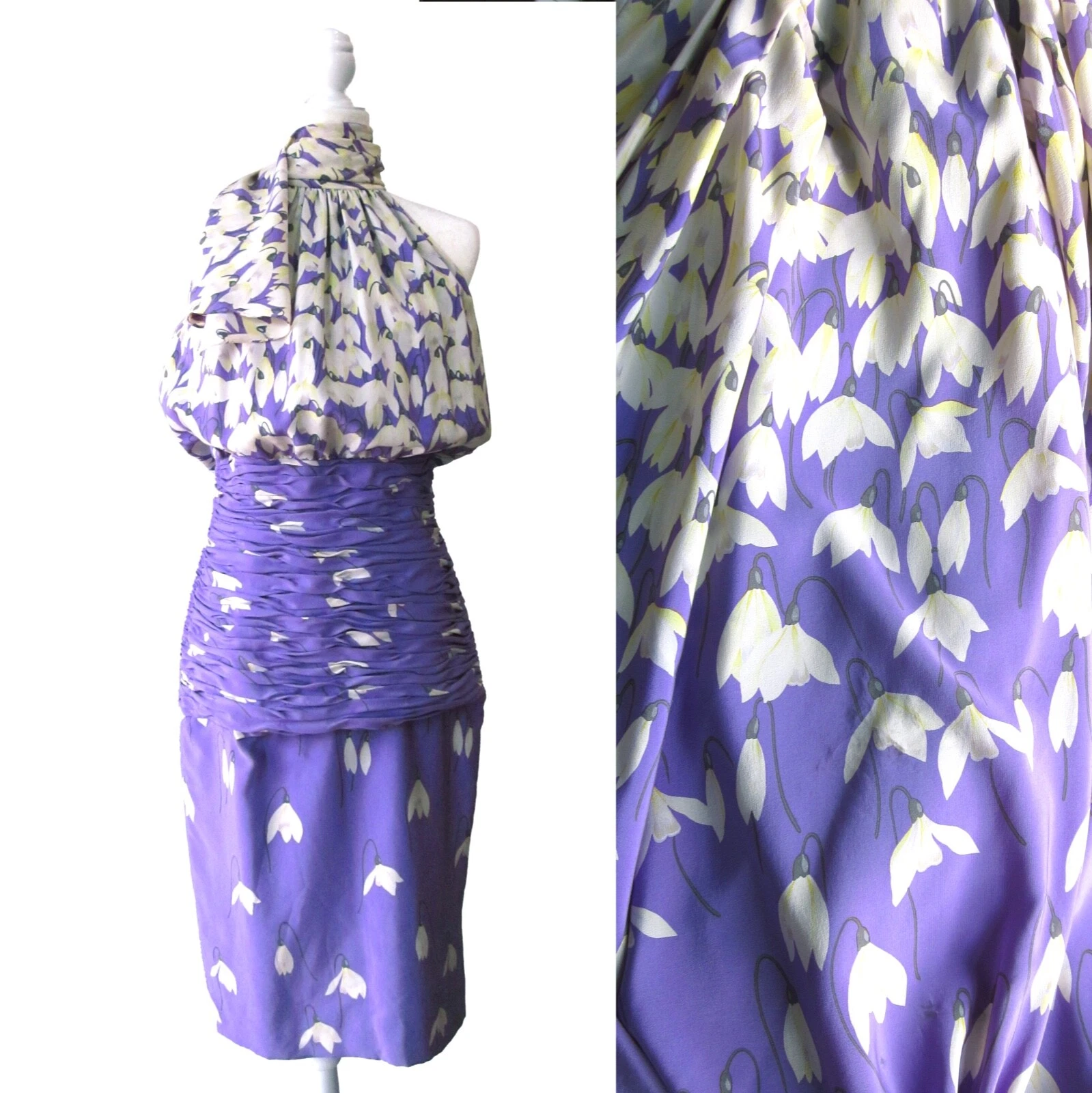 Abito da cocktail anni 80 VALENTINO boutique lavanda e seta bianca con collo sciarpa