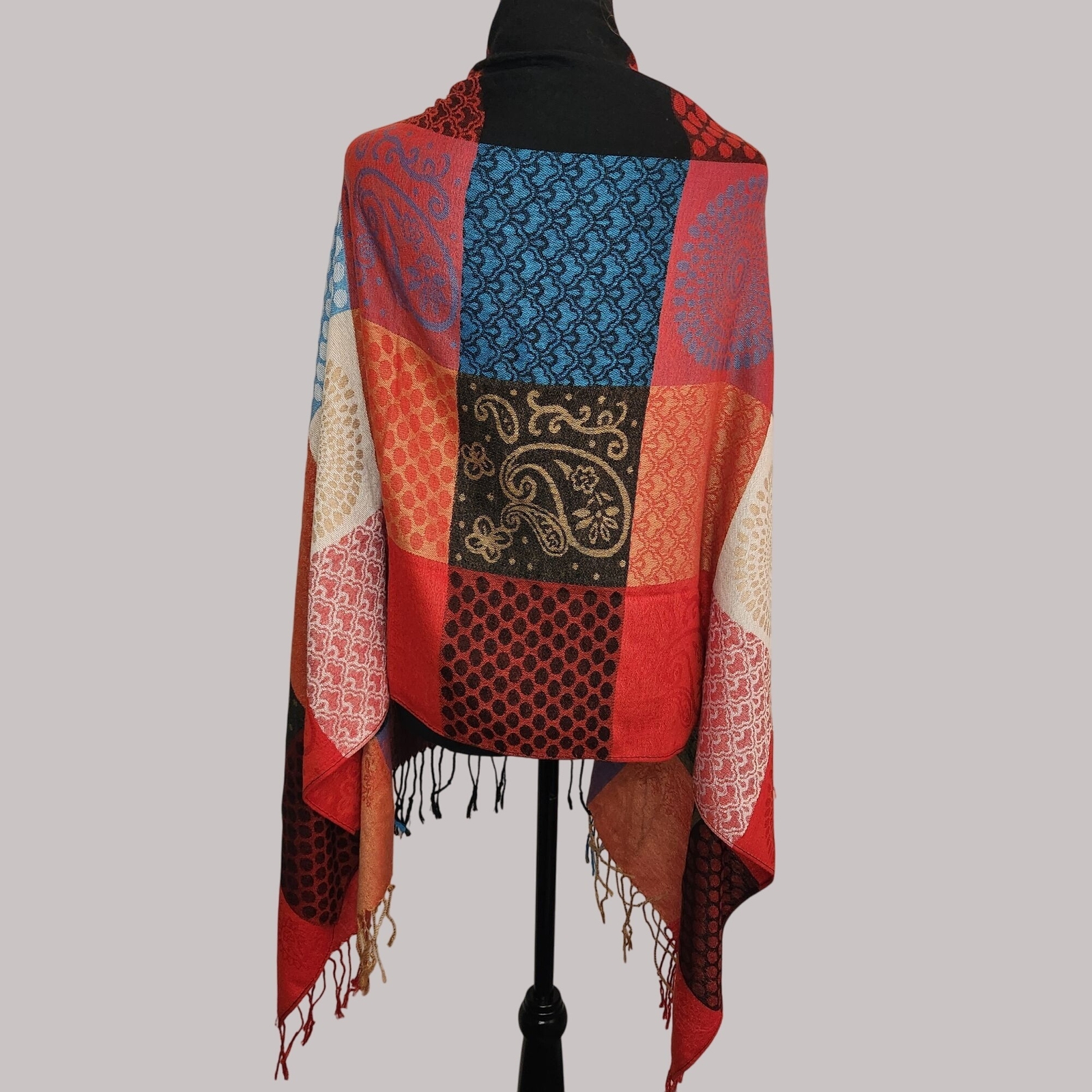 Red & Multicolor shawl Patchwork Patterned Fringe… - image 2