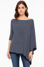 Eileen Fisher Italian Yarn Navy Striped Asymmetrical Cape Shrug Poncho OS