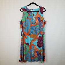 Nine West Dress 1X Sleeveless Knit Floral Orange Blue Tropical Beach Cruise