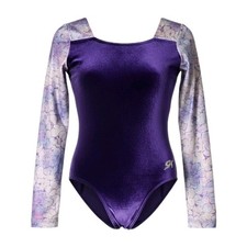 GK Elite AXS Purple Velvet Holographic Floral Flat Neck Leotard VTG LS Adult XS