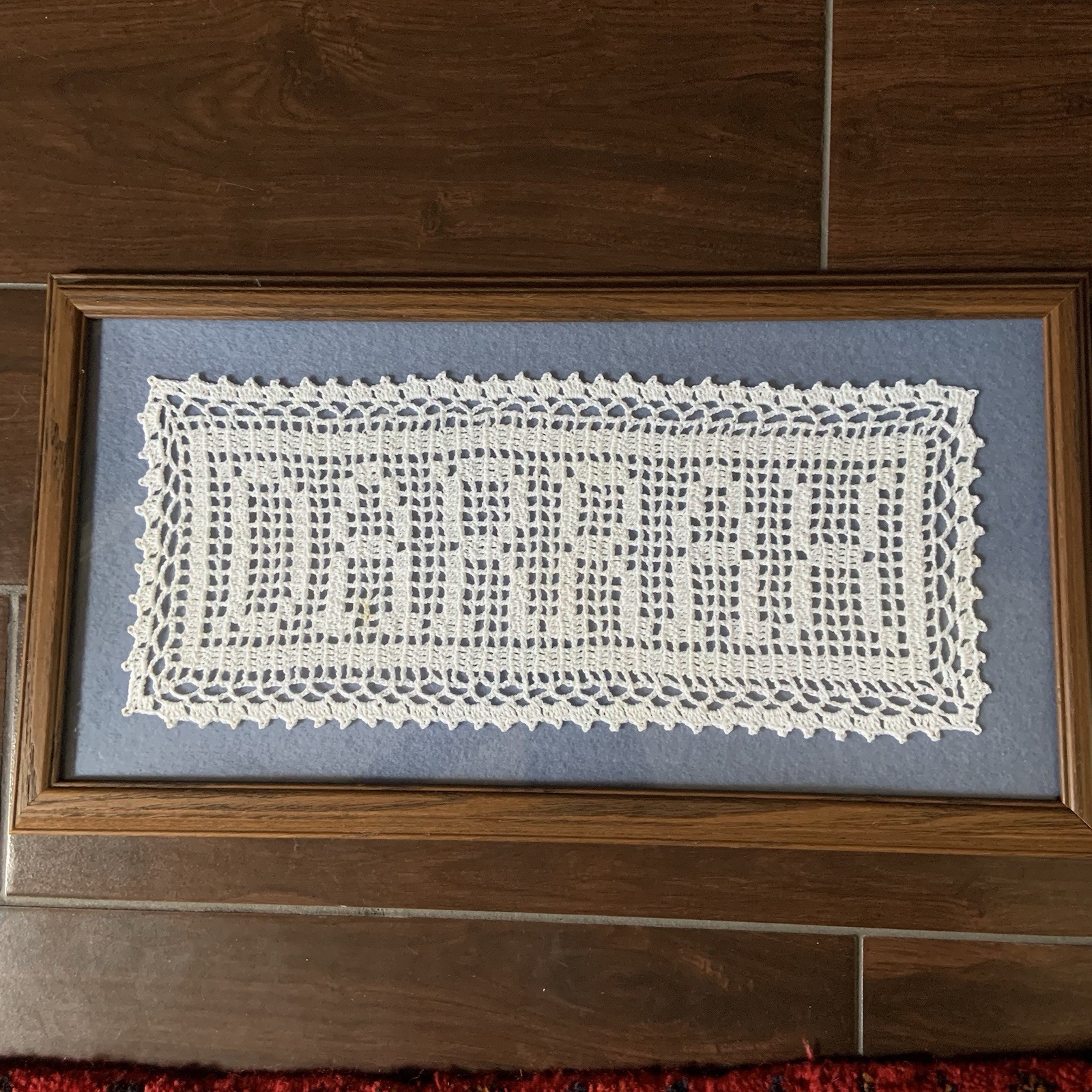 Framed Needlework CROCHET Name "DARRAH" Doily in Wall Frame 10.5in x 19.5 in