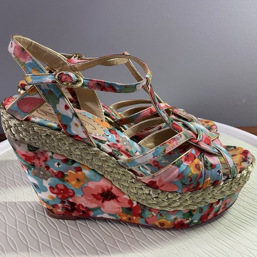 Poetic Licence Sz. 8.5 Arm Candy floral Flower gold Platform Wedge Sandals Heels - Picture 3 of 9