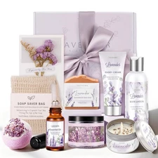 Gifts for Women, Lavender Bath and Body Gift Basket Relaxing Spa Self Care Gift,