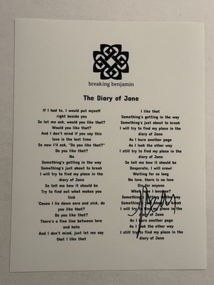 BEN BURNLEY SIGNED LYRIC SHEET AUTOGRAPHED BREAKING BENJAMIN BAND SINGER COA