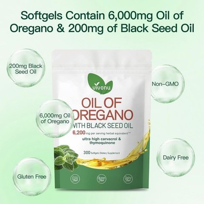 VivoNu Oil of Oregano Capsules with Black Seed Oil Organic Oregano Oil Softgels-