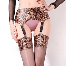 Wild Leopard Printed 4-strap Garter Belt ,matching Seamless Hold-up Stockings