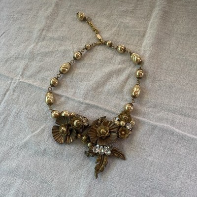 RADA Italy Necklace Flowers Rhinestone Crystal Gold Bead 16'' Statement Formal