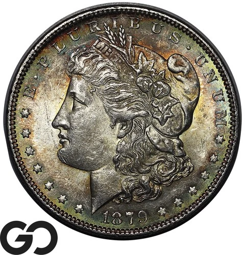 1879 Morgan Silver Dollar Coin, Outstanding Rainbow Color, Solid Gem BU++